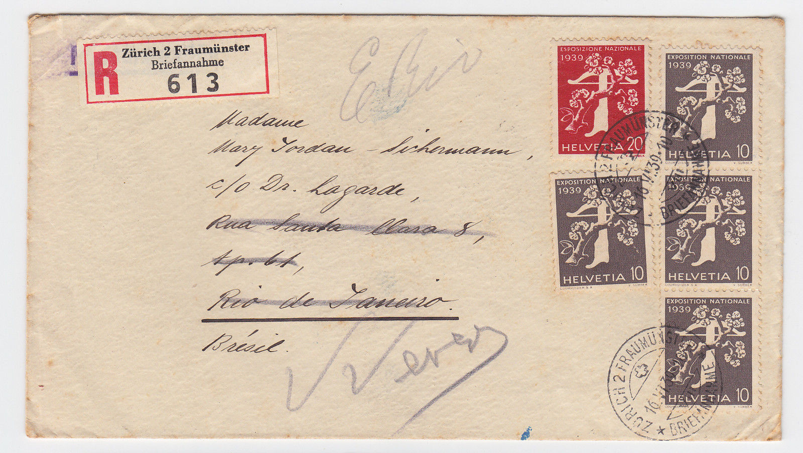 Schweiz 1939 5 Werte Exposition Nat Auf Einschreiben Brief N