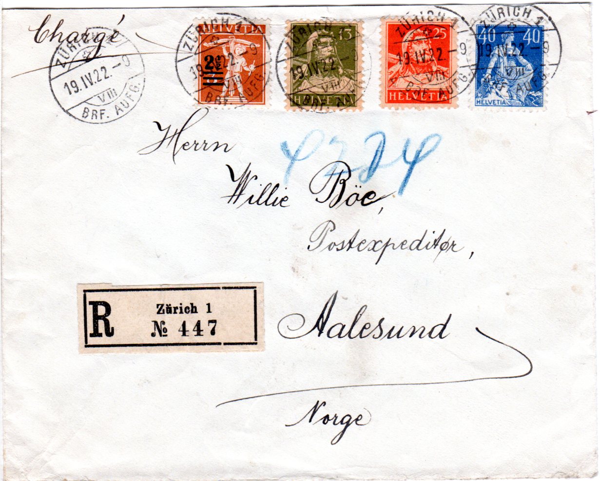 Schweiz 1922 4 Marken Auf Einschreiben Brief V Zürich N Norwegen