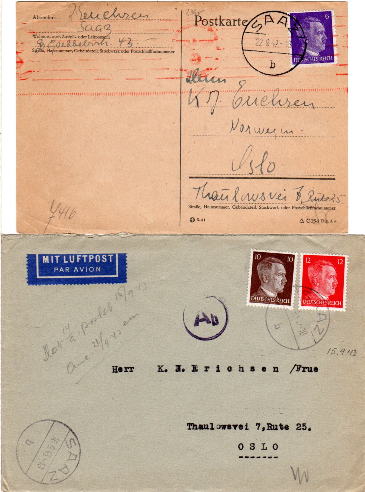 Dr 1942 43 Postkarte U Luftpost Brief M Ermassigtem Porto V Saaz N Norwegen Marktplatz Philatelie