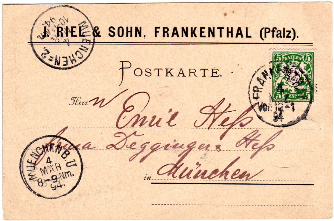 Bayern 1894, 5 Pf. auf Firmen Vordruck Karte v. FRANKENTHAL · Heiner Zinoni