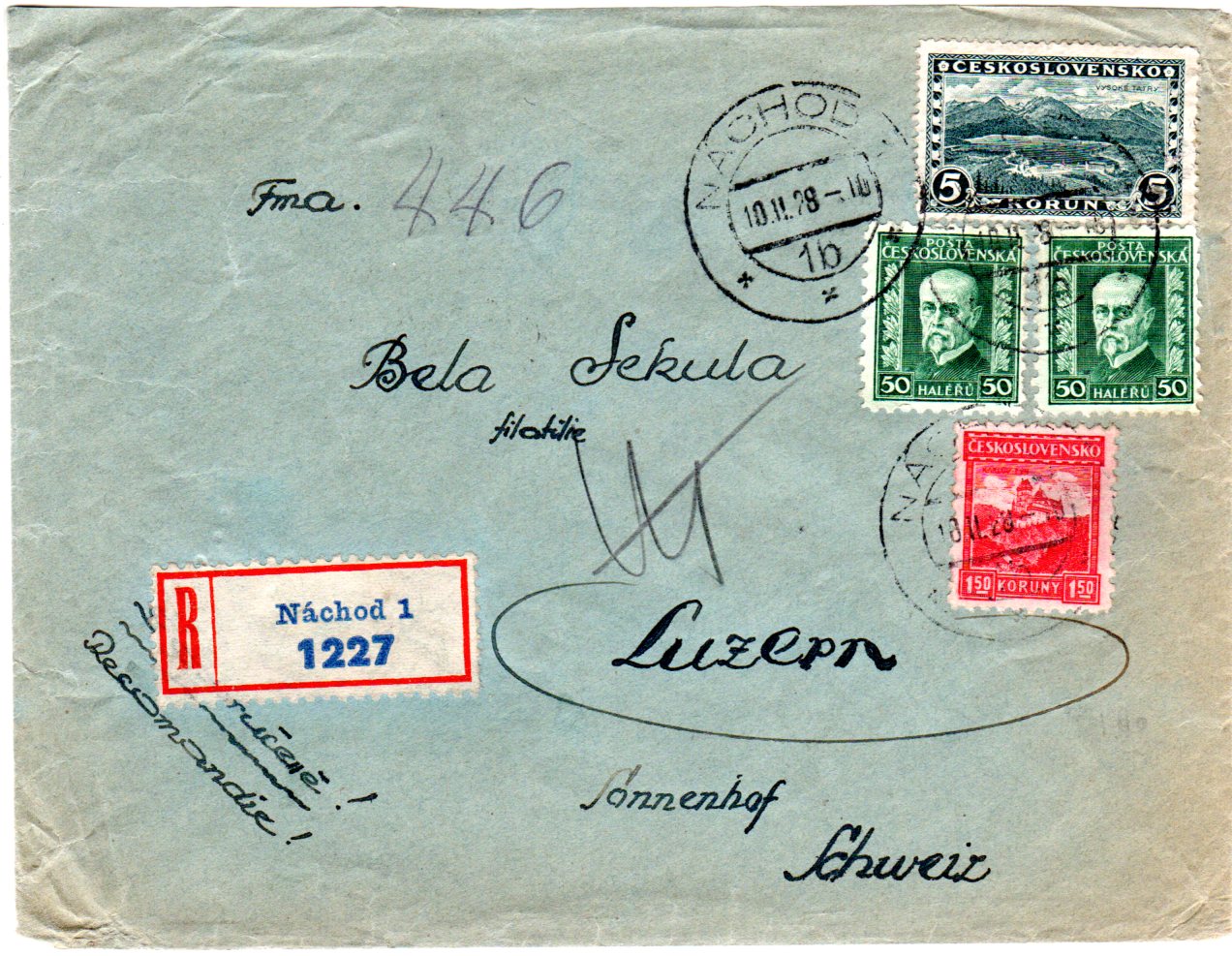 Tschechoslowakei 1928 4 Marken Auf Einschreiben Brief V Nachod