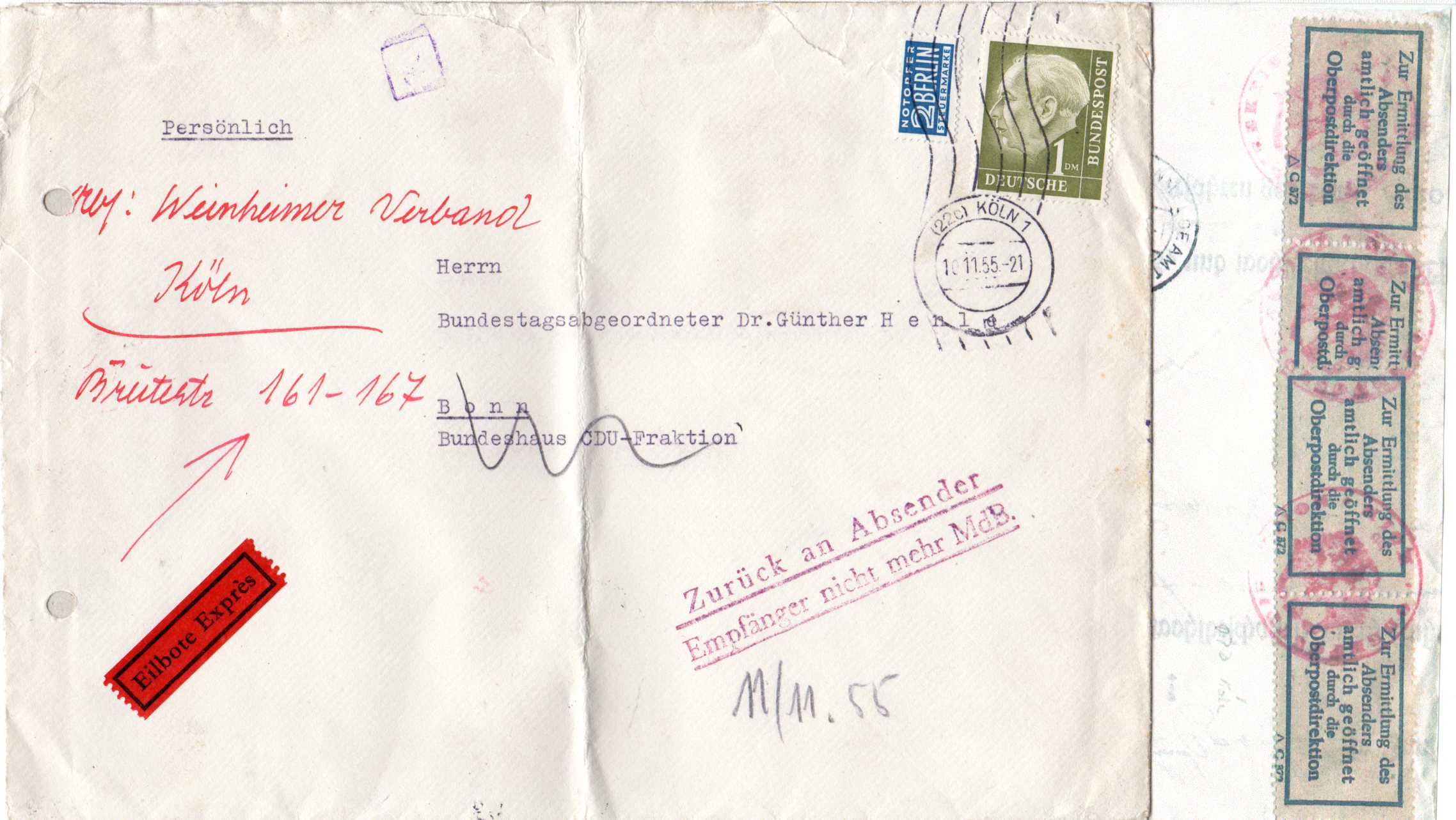 BRD 1955, postamtlich geöffneter Retour Brief m. OPD Etiketten v. Köln