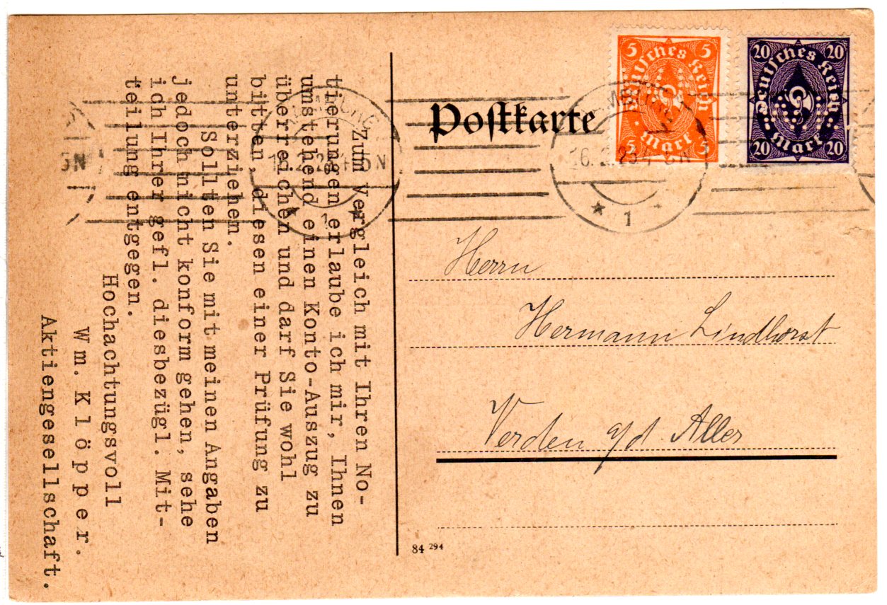 DR 1923, 5+20 Mk. m. perfins W.K.. auf Firmen Karte v. Hamburg n ...