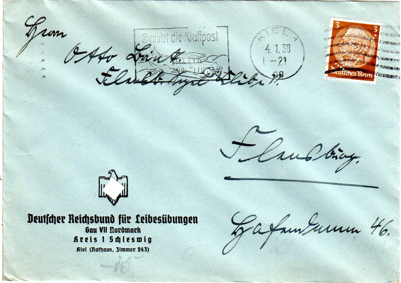 DR 1938, 3 Pf. m. perfin auf Vordruckumschlag v. Kiel · Heiner Zinoni