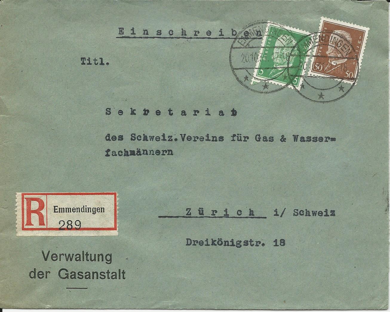 Dr 1931 550 Pf Auf Einschreiben Brief V Emmendingen Id Schweiz