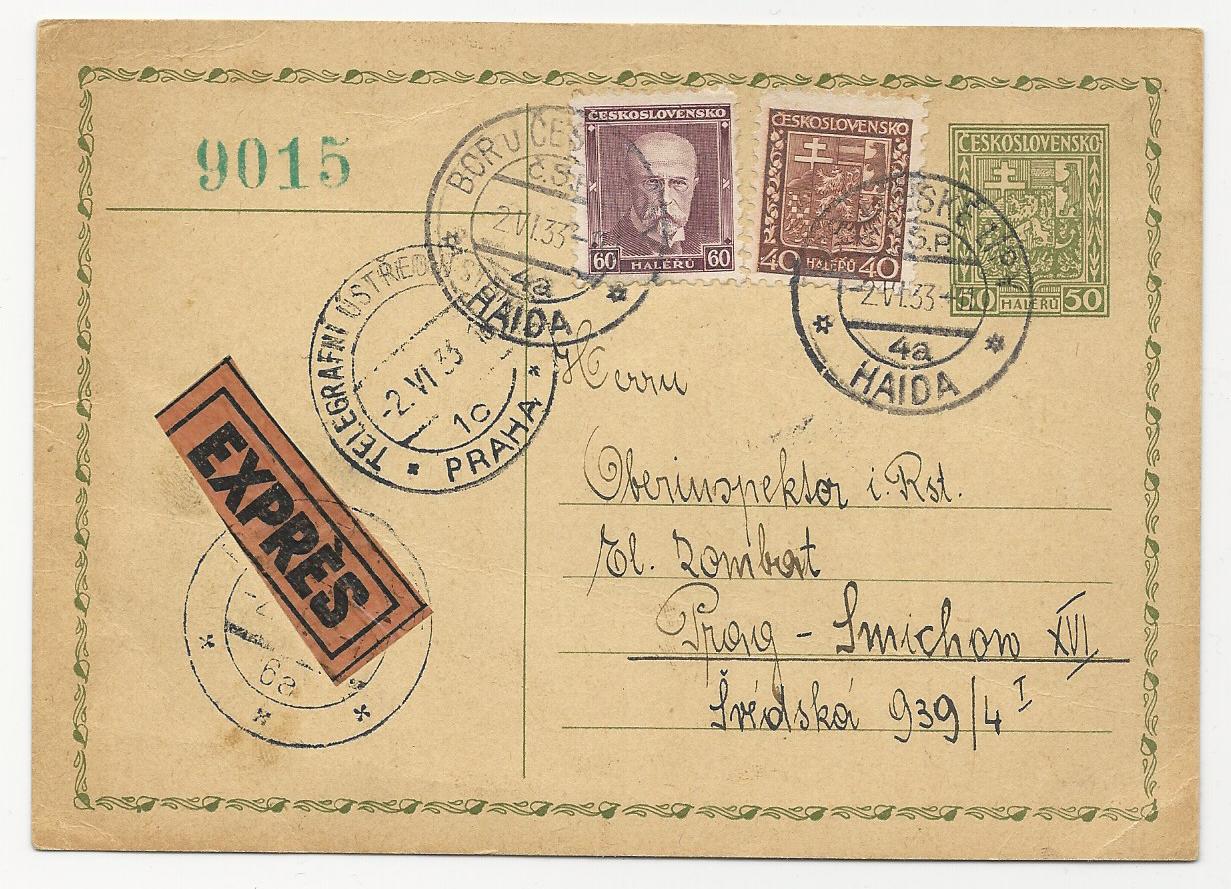 Tschechoslowakei 1933, 40+60 H. Zusatz auf 50 H. Express Ganzsache v