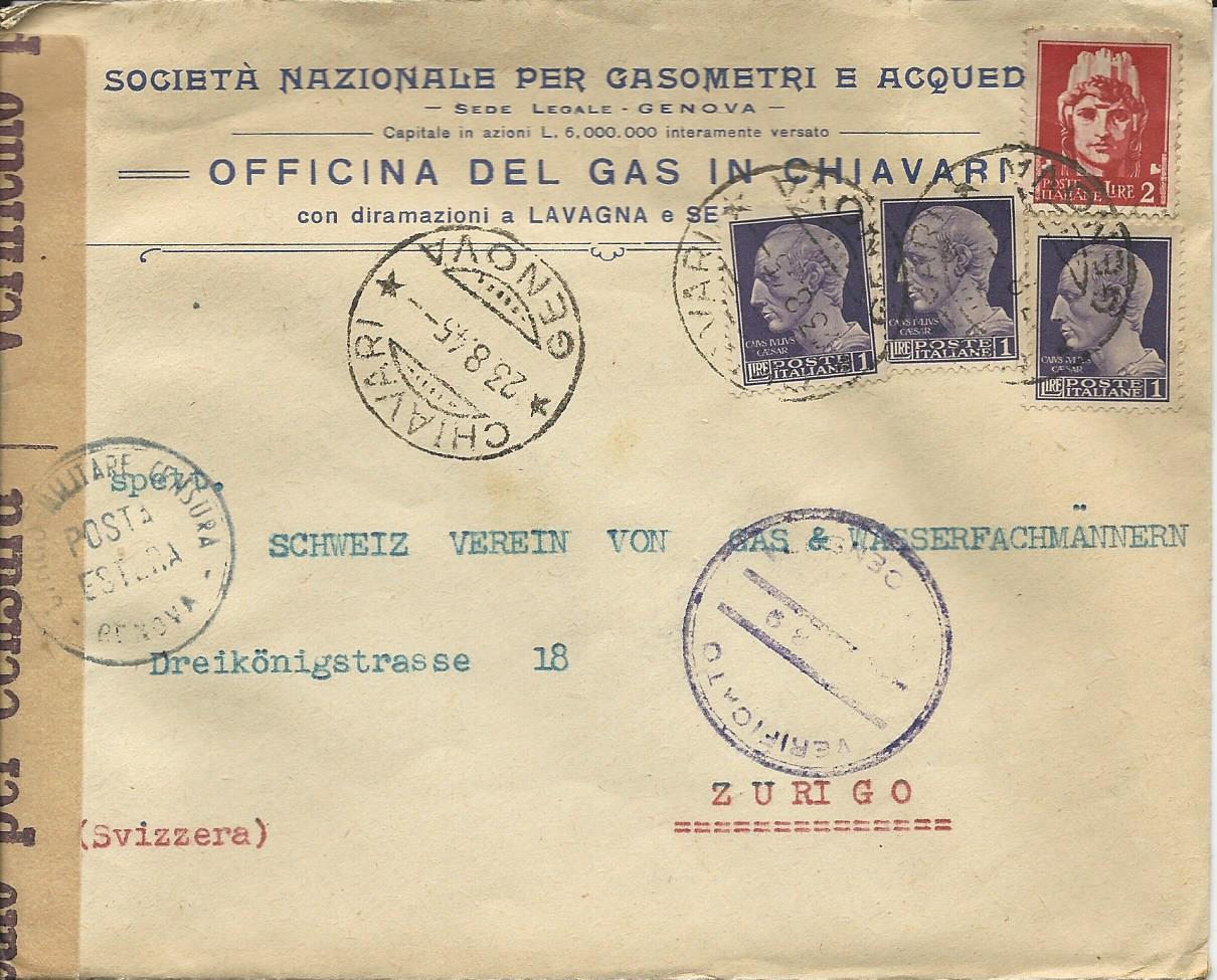 Italien 1945, 4 Marken auf Zensur Brief v. Chiavari Genova i.d. Schweiz