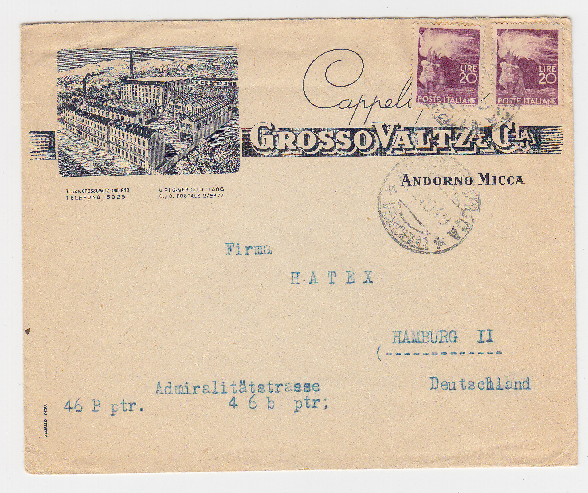 Italien 1949 Illustrierter Reklame Brief M 2x 20 L V Andorno