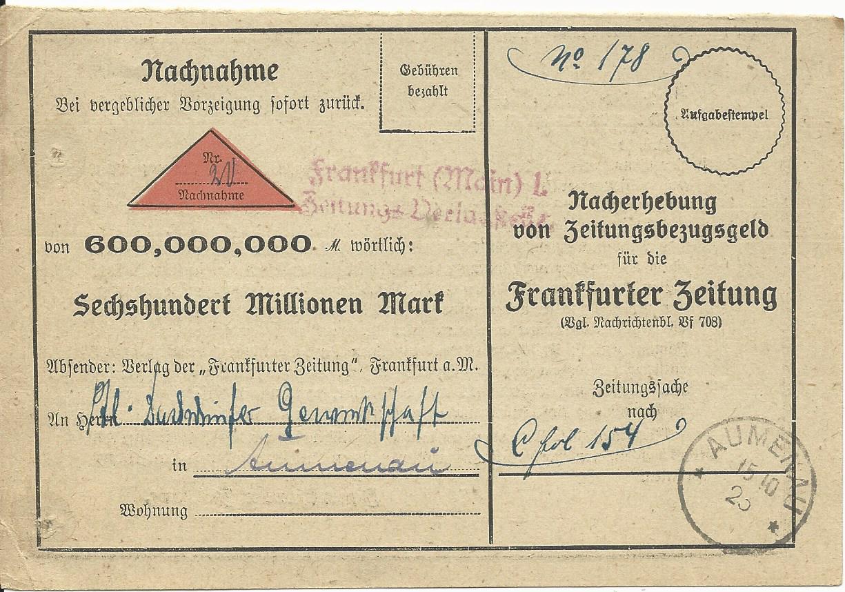 DR 1923, Nachnahme Karte "Nacherhebung v. Zeitung Bezugsgeld" m. K1 DR 1923, Nachnahme Karte "Nacherhebung v. Zeitung Bezugsgeld" m. K1