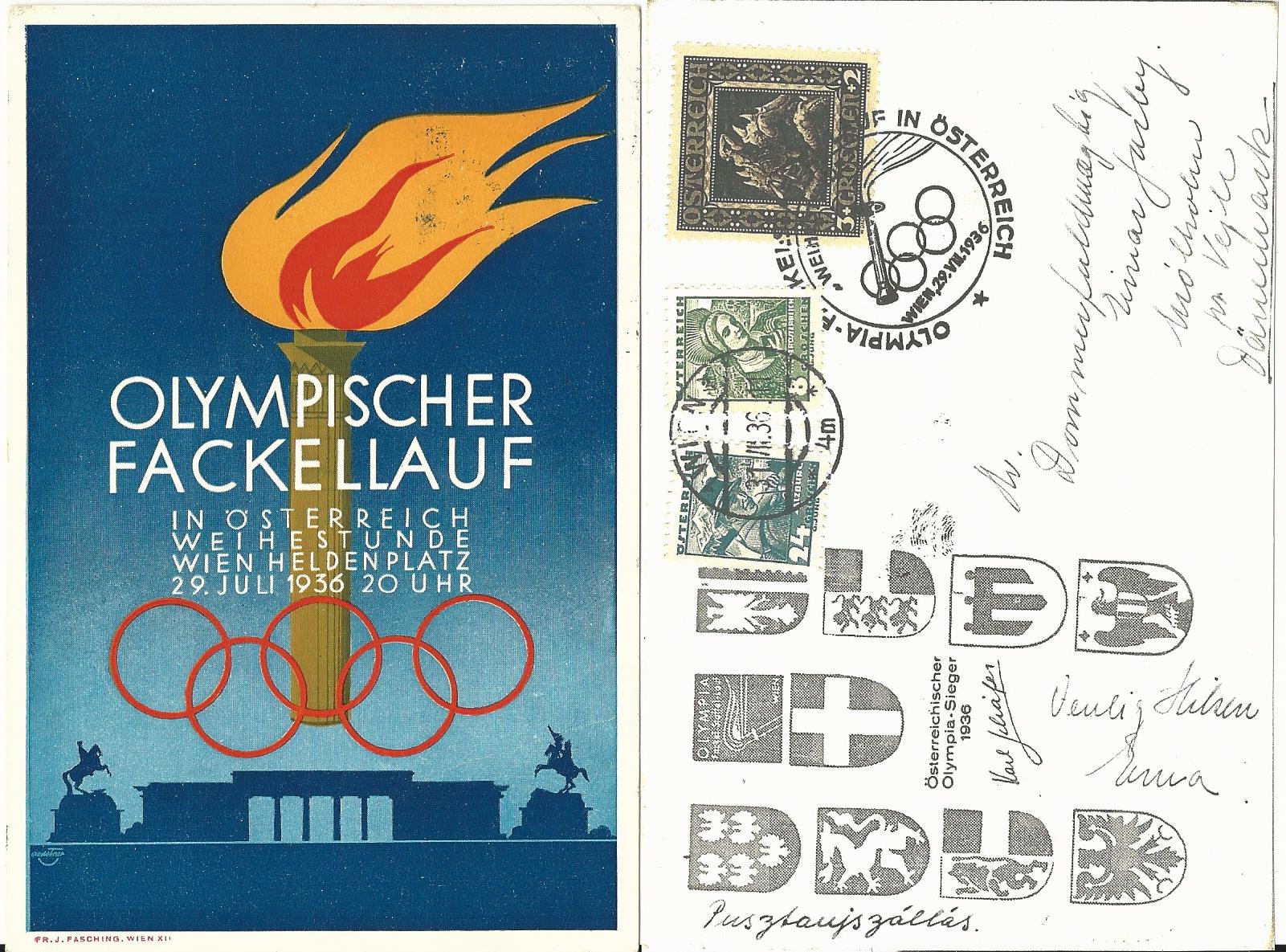 Olympiade 1936, Fackellauf in Österreich, gebr. Farb AK m. Sonderstpl. · Heiner Zinoni